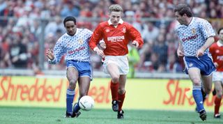 Rumbelows Cup Final at Wembley Stadium. Nottingham Forest 0 v Manchester United 1. Action from the match. Scot Gemmill on the ball challenged by Paul Ince, 12th April 1992. (Photo by Brendan Monks/Mirrorpix/Getty Images)
