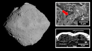(Main) the asteroid Ryugu. (Inset top) A melt splash from the surface of Ryugu (inset bottom) a CT slice of the melt showing voids.
