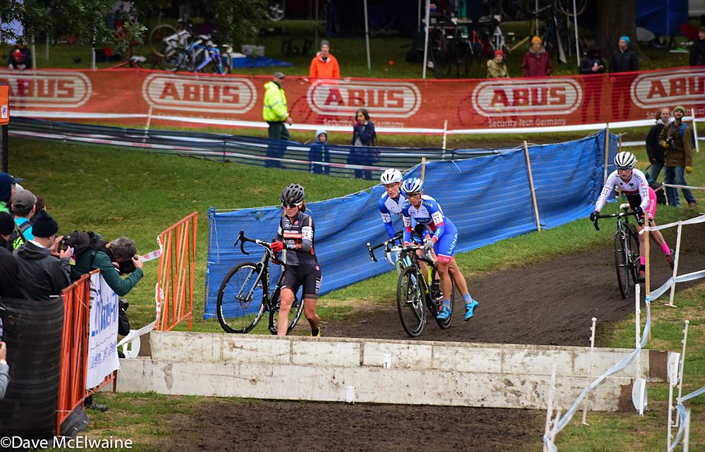 Amanda Miller (Boulder Cycle Sport) leading Katerina Nash and Katie Compton on lap three