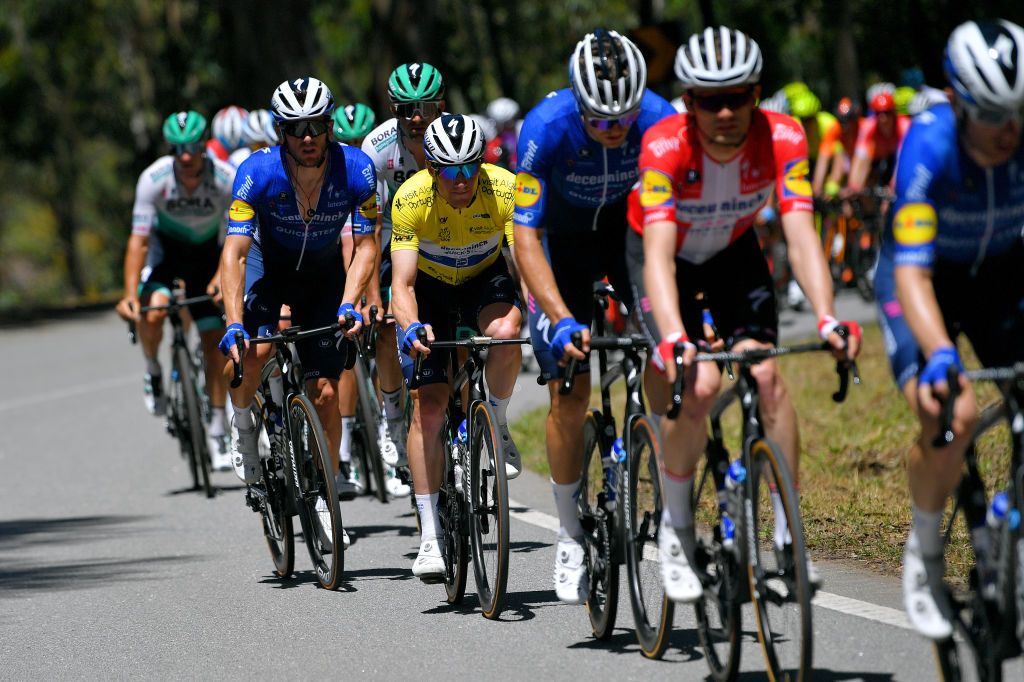 FOIA PORTUGAL MAY 06 Sam Bennett of Ireland and Team Deceuninck QuickStep Yellow Leader Jersey during the 47th Volta Ao Algarve 2021 Stage 2 a 1828km stage from Sagres to Fia 890m VoltAlgarve VAlgarve2021 on May 06 2021 in Fia Portugal Photo by Luc ClaessenGetty Images