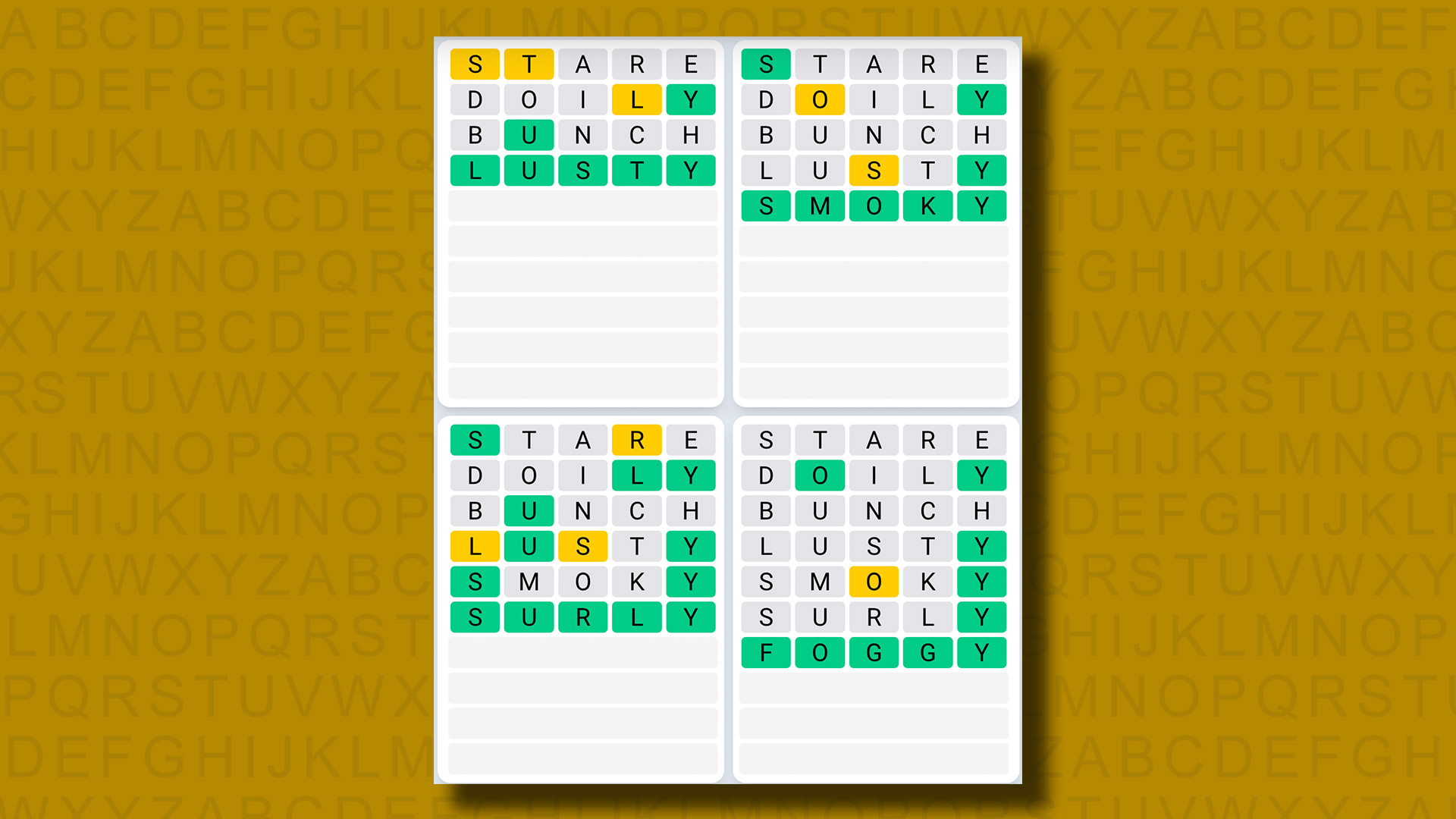 Ежедневная последовательность ответов Quordle для игры 825 на желтом фоне