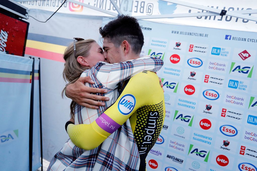 Wout van Aert celebrates after winning the Belgian time trial championship