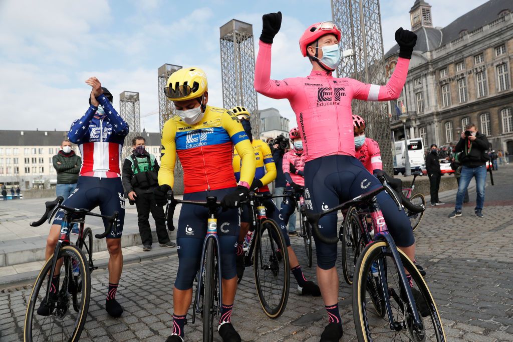 LIEGE BELGIUM APRIL 25 Sergio Andres Higuita Garcia of Colombia Jonathan Klever Caicedo Cepeda of Ecuador Simon Carr of United Kingdom Lawson Craddock of United States Alex Howes of United States Michael Valgren Andersen of Denmark Hideto Nakane of Japan and Team EF Education Nippo during the 107th Liege Bastogne Liege 2021 Mens Elite a 2595km race from Bastogne to Lige LBL on April 25 2021 in Liege Belgium Photo by Bas CzerwinskiGetty Images