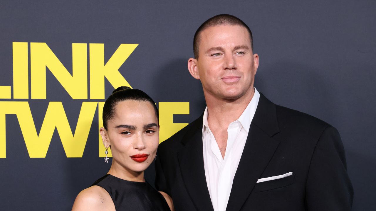 Zoe Kravitz in a black dress and Channing Tatum in a white shirt and black suit jacket at the premiere of Blink Twice at the the Directors Guild of America in Los Angeles on August 8, 2024