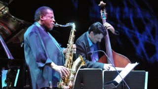 Jazz Saxophonist and composer Wayne Shorter performs on stage with John Patitucci at Barbican Centre on October 8, 2011 in London, United Kingdom.