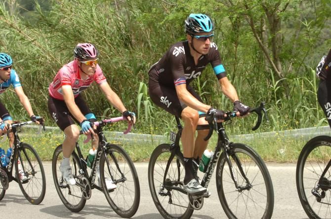 Giro leader Salvatore Puccio on the wheel of Sky teammate Bradley Wiggins