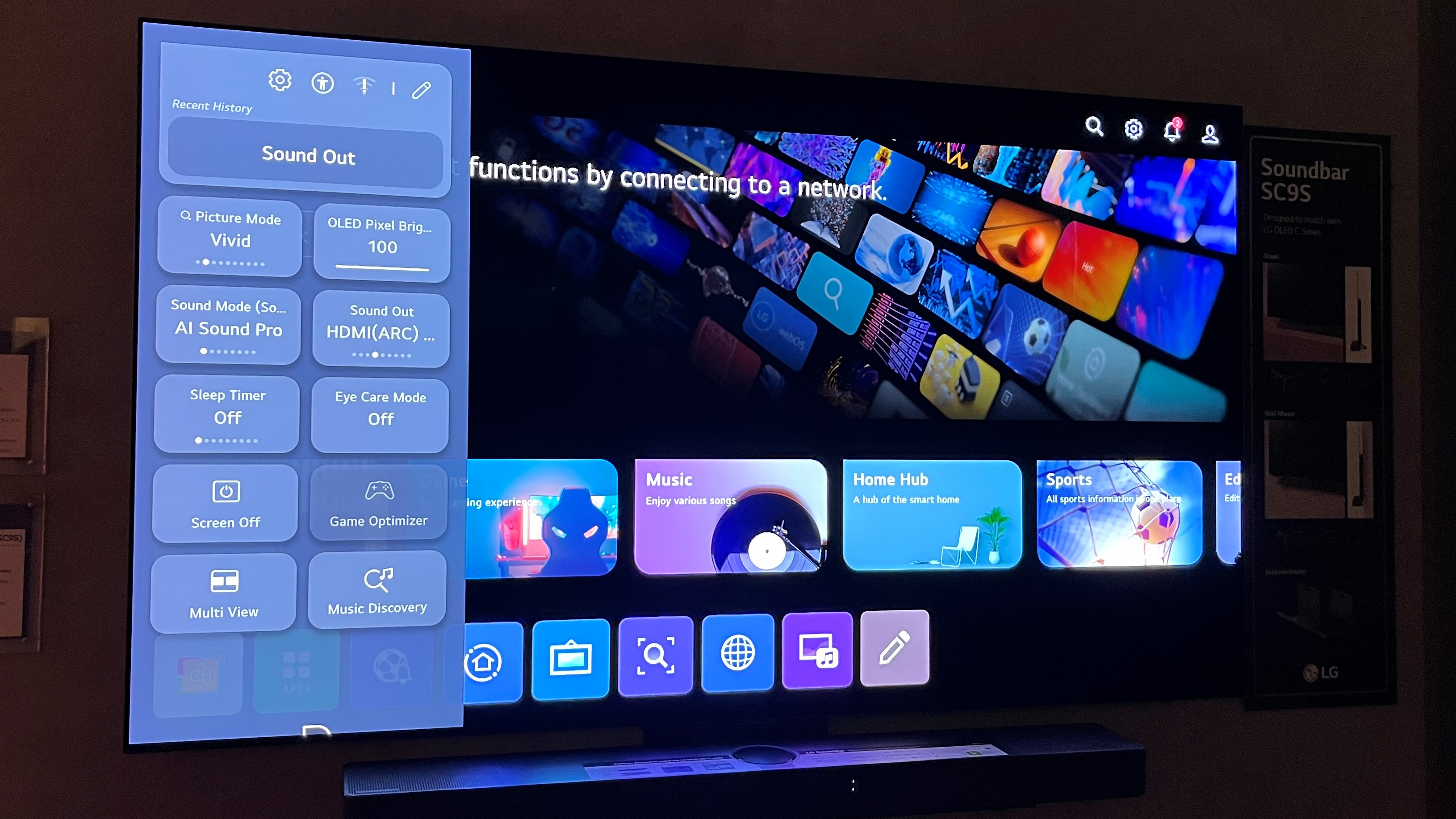 LG OLED TV smort onscreen interface showing new Quick Settings menu