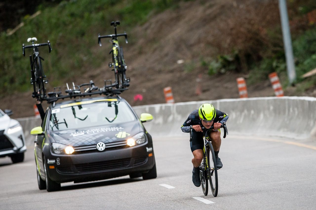 Robin Carpenter (Holowesko) tucks on the descent to make up as much time as he can