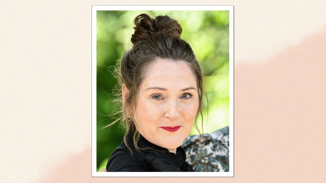 Ruth Gemmell is pictured with a wispy updo and red lip as she attends The RHS Chelsea Flower Show at Royal Hospital Chelsea on May 20, 2024 in London, England/ in a cream and peach gradient template