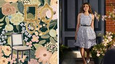 Eva Mendes in a black and white checkered dress outside of a building door in NYC with tress off to the side with a photo on the left of a floral print with a black dining chair and cold antique frames