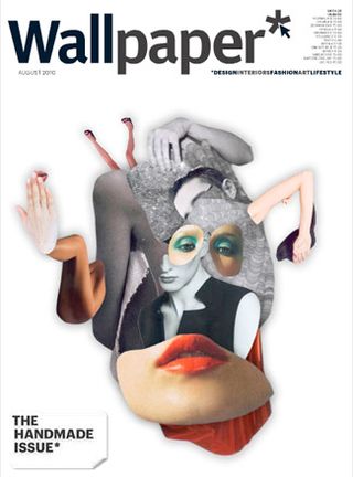 A wallpaper magazine cover with a multi-imposed set of images featuring a face, lips, eyes, arms, back, shoulders, hands.
