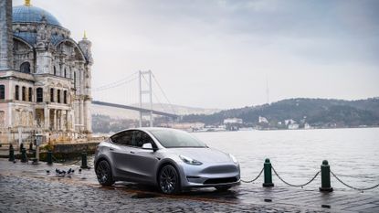 The Tesla Model Y parked by a harbour