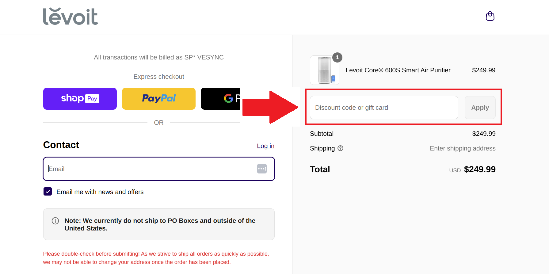 A screenshot showing Levoit checkout page and where to enter your discount code