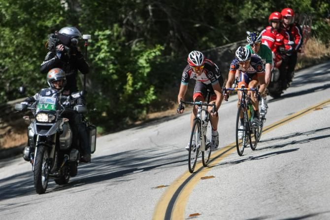 Andy Schleck (Radioshack) along with Chad Bayer (Champion Systems) and Lieuwe Westra (Vacansoleil-DCM) fight to hold onto the lead.