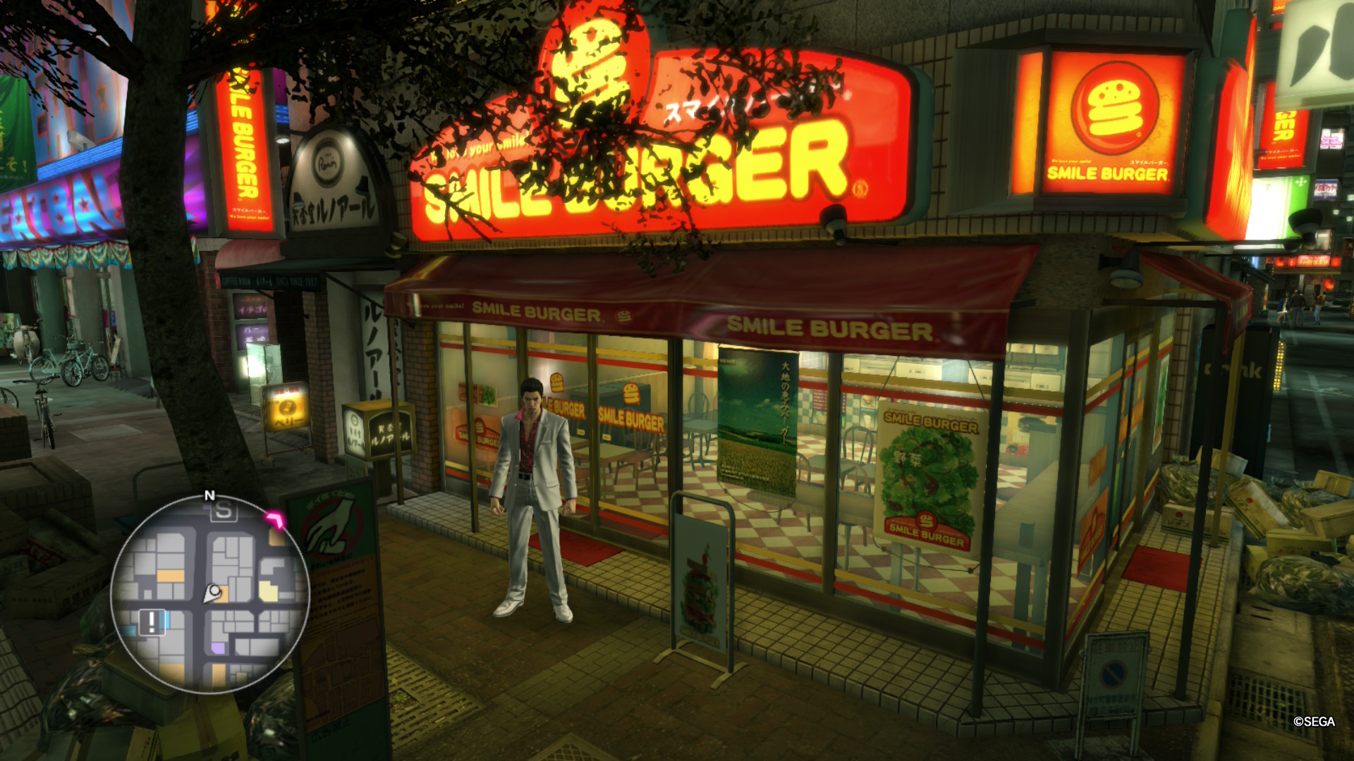 Kiryu stands outside a fast food joint in Yakuza Kiwami