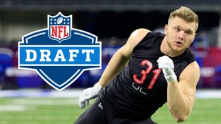 The NFL Draft logo appears in the corner of a photo of Aidan Hutchinson #DL31 of the Michigan Wolverines, who is the current expected number 1 pick overall.