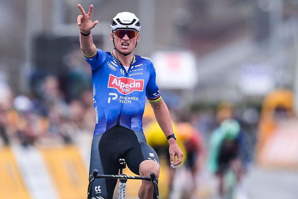 Dutch Mathieu van der Poel of Alpecin-Premier Tech celebrates as he crosses the finish line to win the 'E3 Saxo Bank Classic' one day cycling race, 208,8km from and to Harelbeke, on Friday 27 March 2026. BELGA PHOTO DAVID PINTENS (Photo by DAVID PINTENS / BELGA MAG / Belga via AFP)