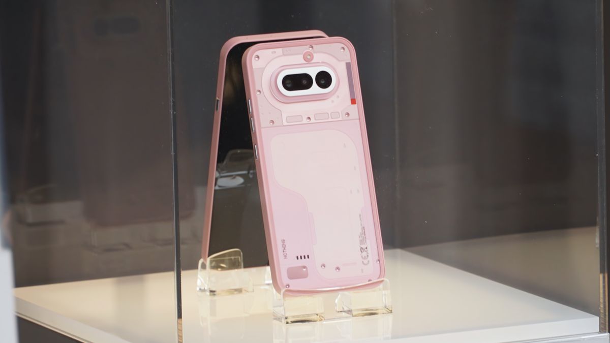 The Nothing Phone 4a on display at MWC 2026 in Black, White, Blue, and Pink colorways.