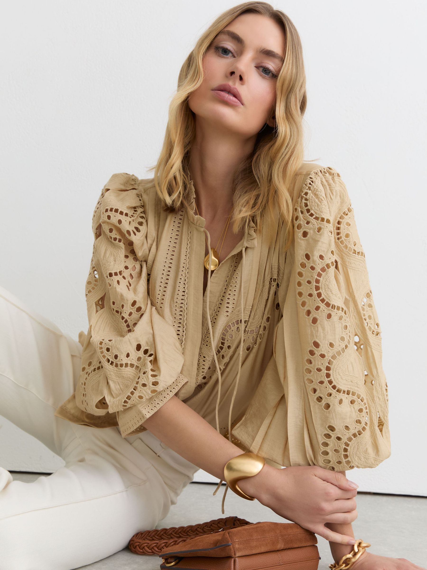 Broderie Anglaise Tie-Neck Blouse in Neutral