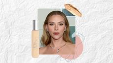 Image of Scarlett Johansson with blonde hair tucked behind her ears, wearing a strapless dress and crystal-embellished gold necklace, on a white textured background with the Dior Backstage Concealer, concealer swatch and graphics