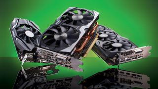 Three of the best graphics cards against a green background