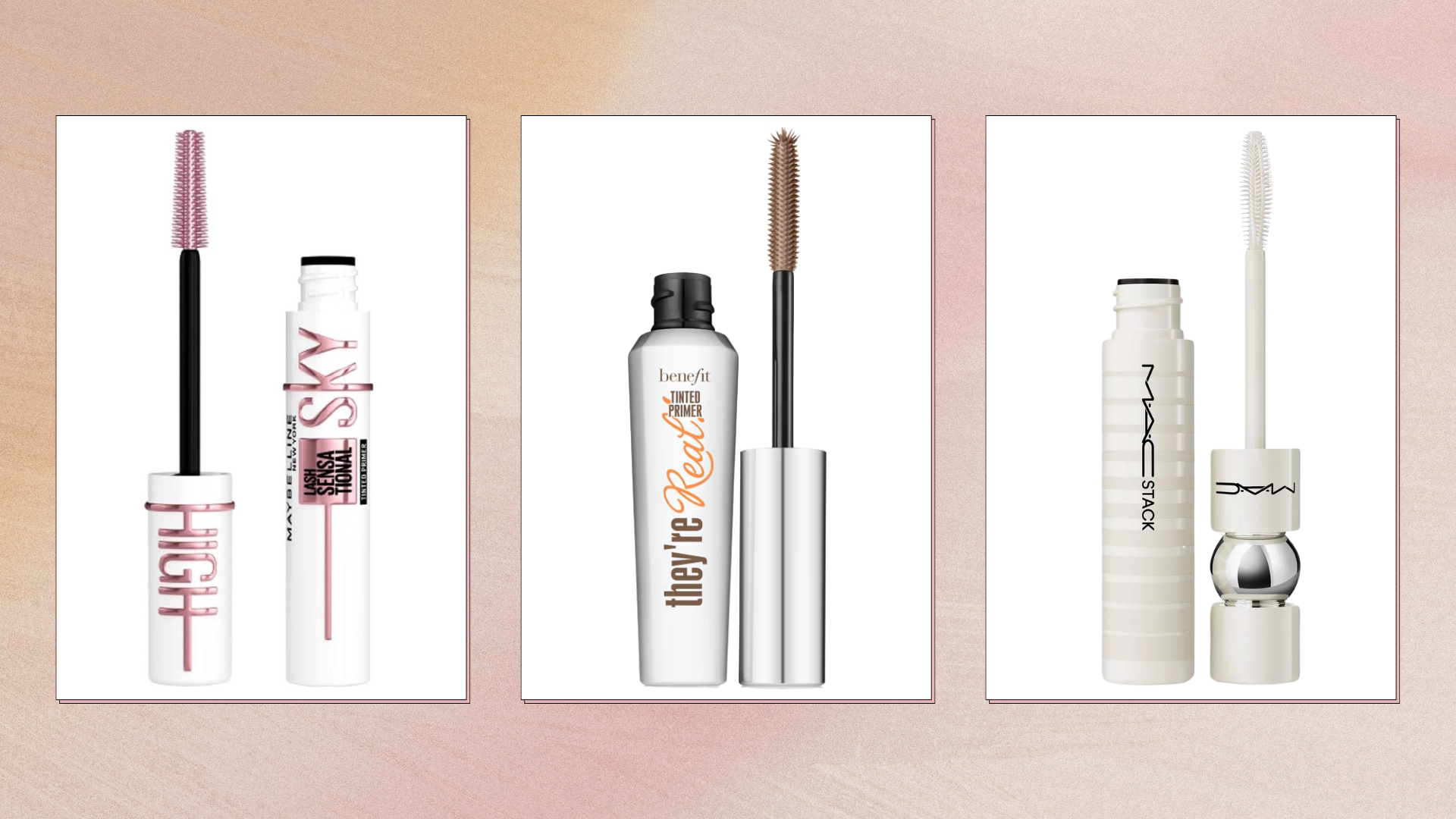 Collage of the best lash primers on a pink watercolour background (L-R) Maybelline Sky High, Benefit They're Real and MAC MacStack