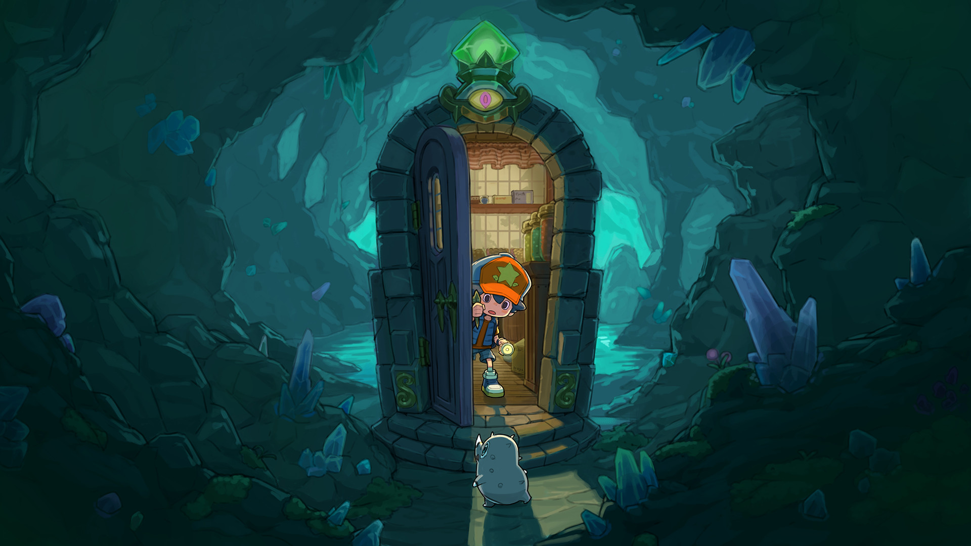 Milo opens a door into a cavern in the Serial World key art, which we see from within the cavern - the warmth of the room he is in spilling forth falls onto a Porcupint Anima