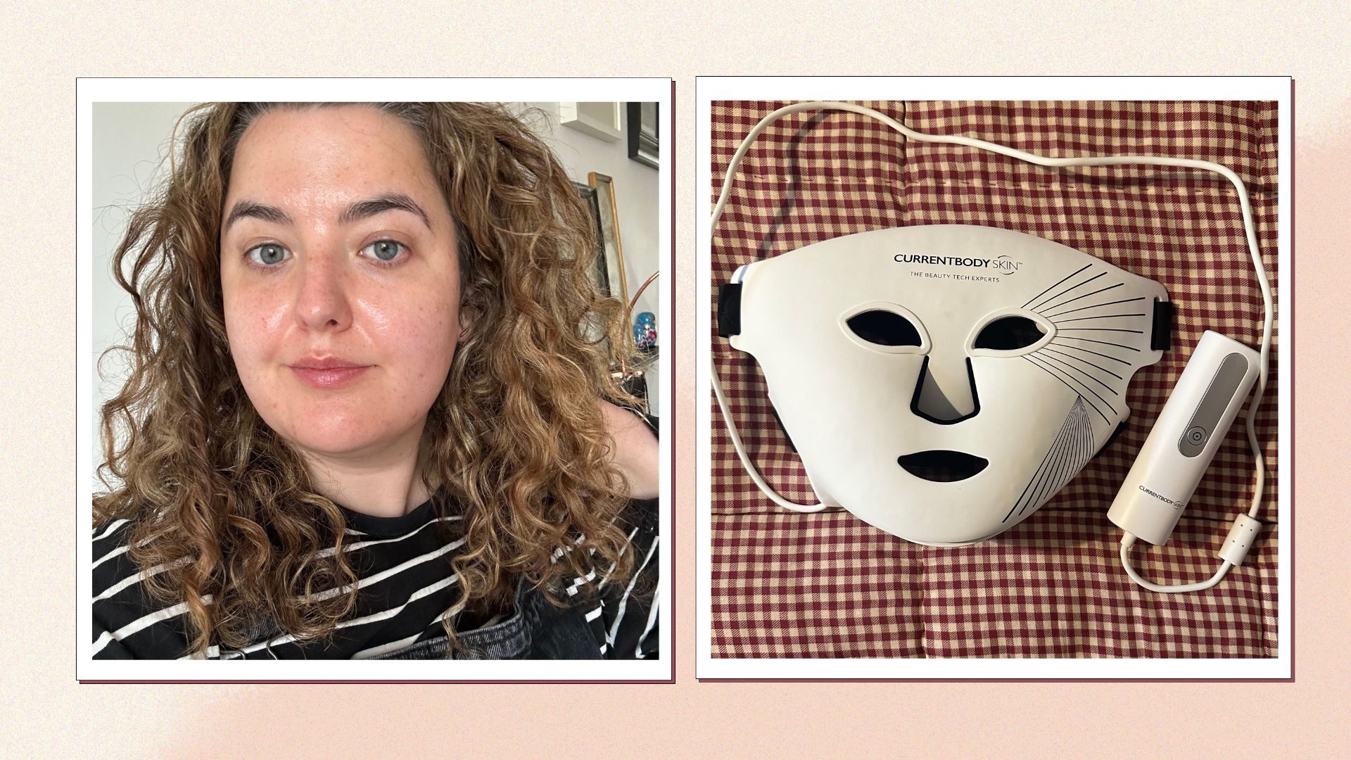 An image of Senior Beauty Editor Rhiannon Derbyshire make-up free alongside an image of the mask switched off to show the results from using the Currentbody LED Face Mask: Series