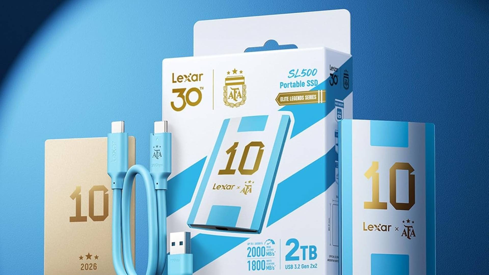Official marketing image showing the range of Lexar AFA official World Cup storage products.