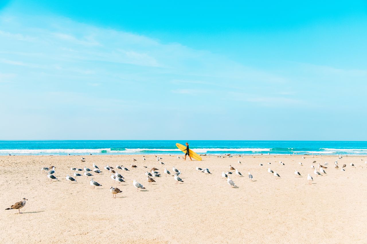 A white man holding a surfboard walks along the beach in Newport Beach, California