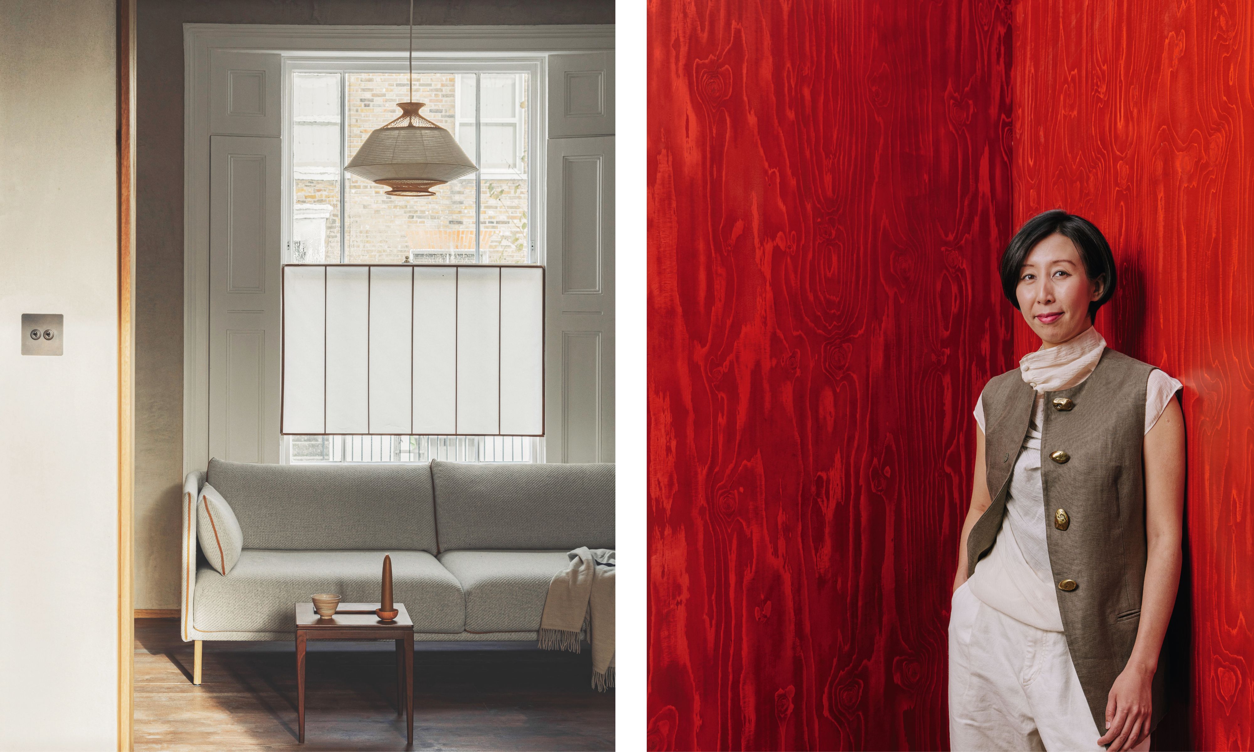 Diptych of a minimalist grey living room with a woven pendant lamp alongside a portrait of designer Winnie Tam standing against a vibrant red-stained wood paneled wall.