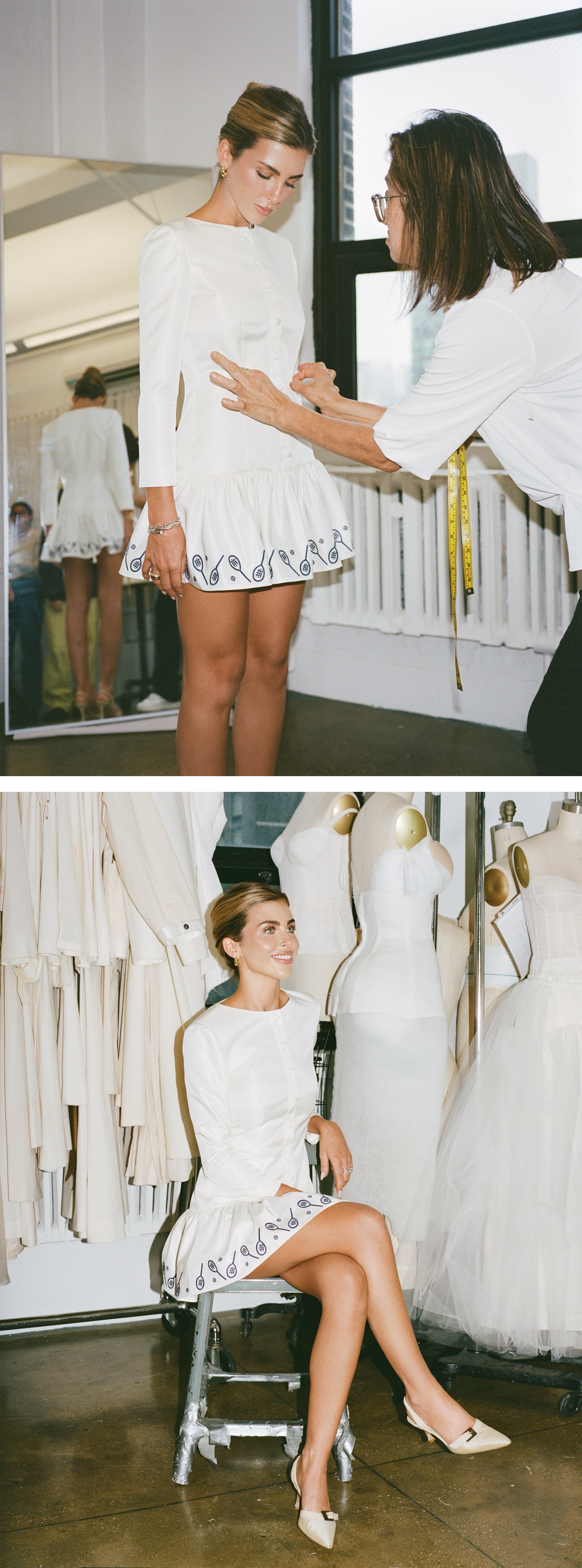 Paige Lorenze trying on her custom Wimbledon dress.