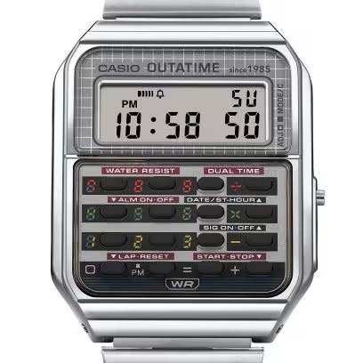 Casio Back to the Future limited edition calculator watch from different angles