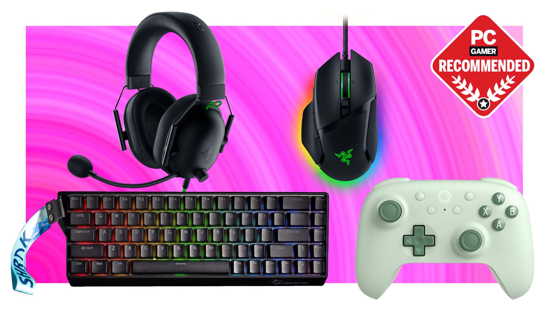 Razer mouse and headset, Gamakay keyboard, and 8BitDo controller on a pink background