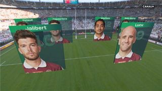 Headshots of rugby players superimposed on a field of play on Canal+ channel. 