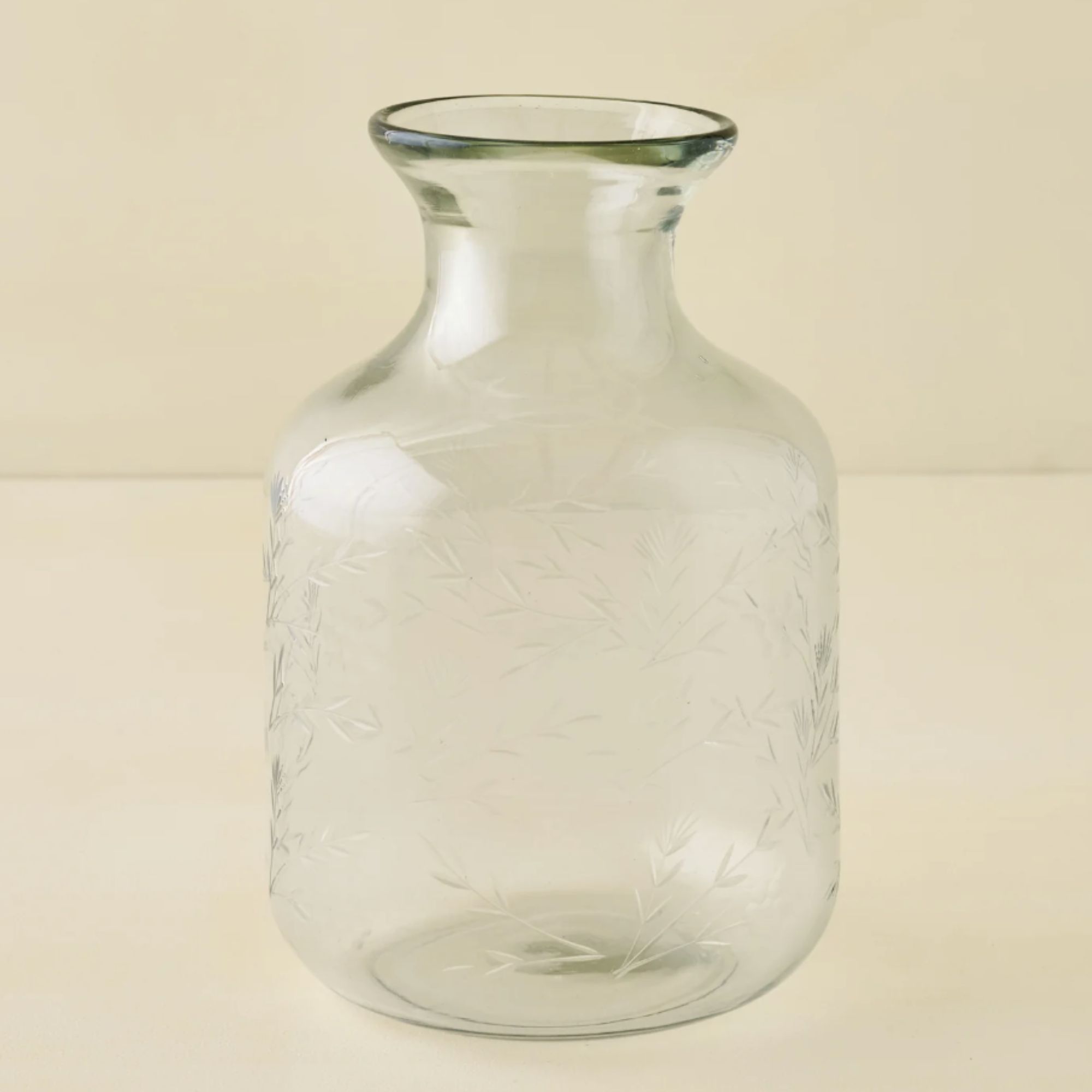 Etched glass vase with funnel neck