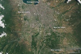 Devastation in Palu after an earthquake and a tsunami. The Operational Land Imager on the Landsat 8 satellite took these images on Oct. 2, 2018.