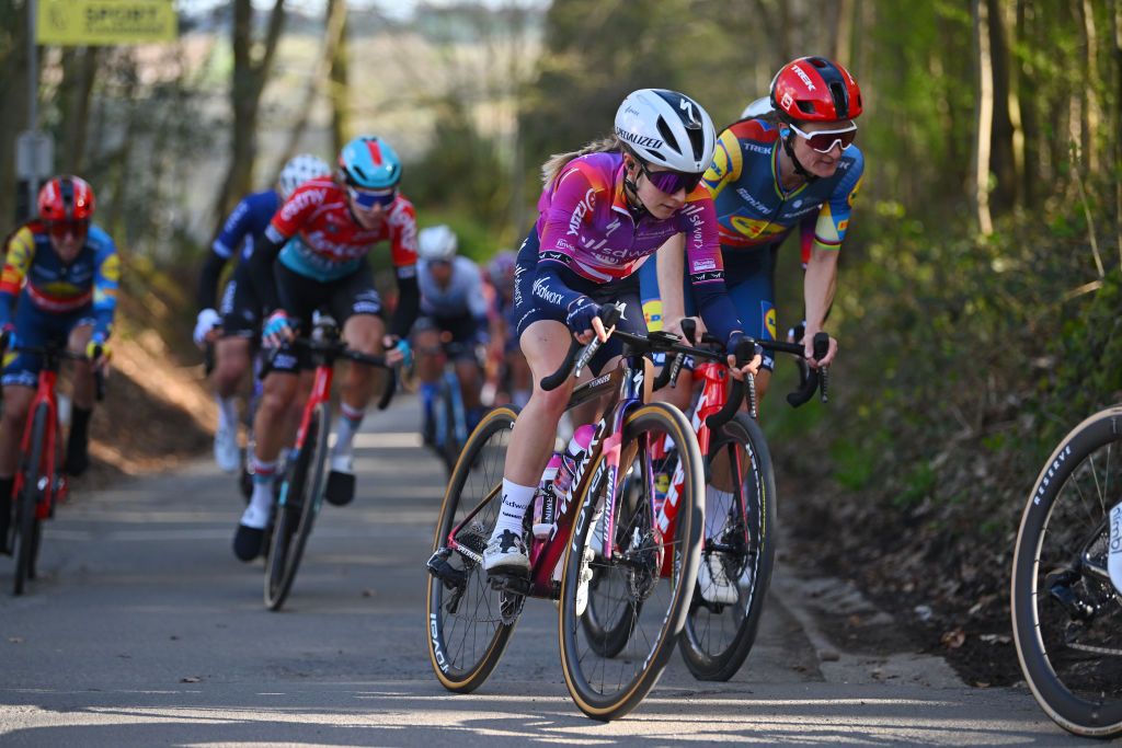 WAREGEM BELGIUM MARCH 27 LR Niamh FisherBlack of New Zealand and Team SD Worx Protime and Elizabeth Deignan of Great Britain and Team Lidl Trek compete during the 12nd Dwars door Vlaanderen 2024 Womens Elite a 1299km one day race from Waregem to Waregem on March 27 2024 in Waregem Belgium Photo by Luc ClaessenGetty Images
