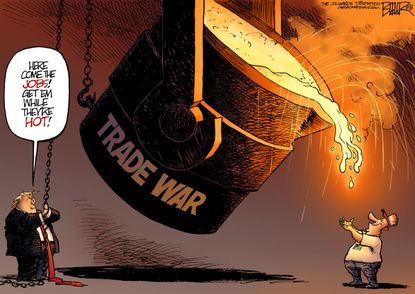 Political cartoon U.S. Trump trade war tariffs jobs