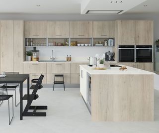 modern wooden kitchen with built-in ovens and large island