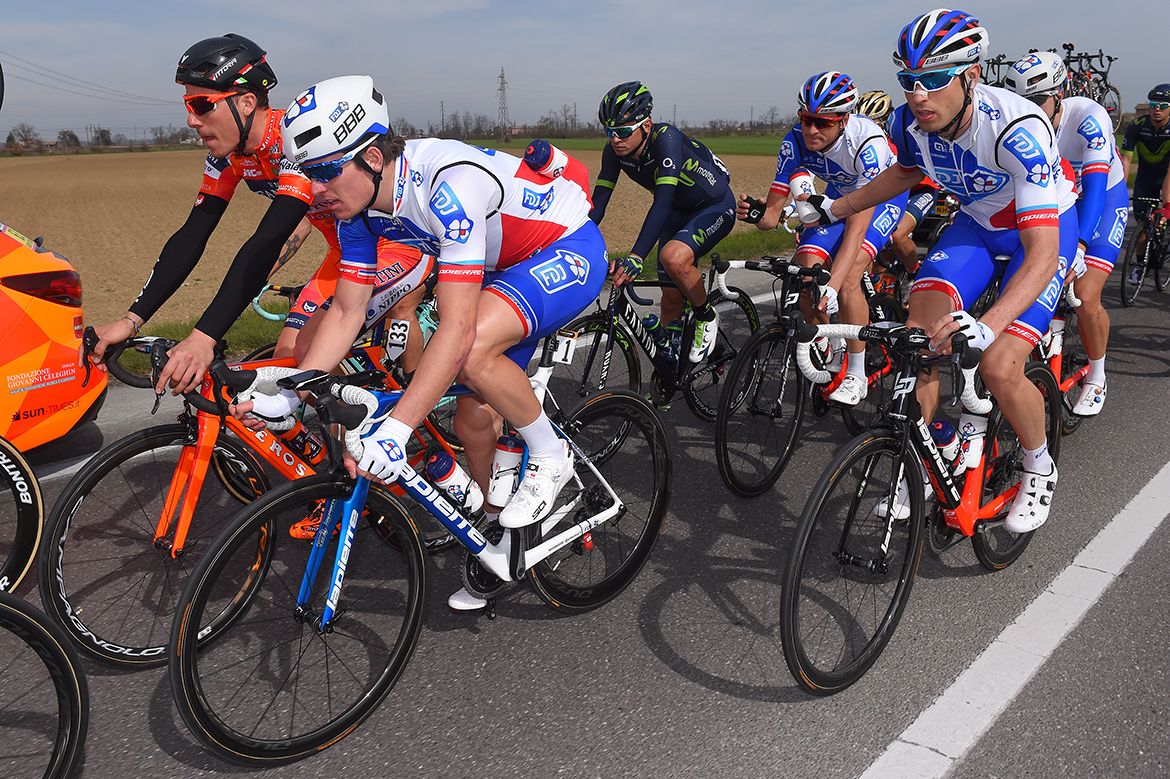 Arnaud Demare sits in the peloton