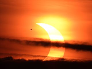 A crescent sun peaks through clouds as a bird flies by in this stunning photo by skywatcher James Logue, who took the photo from Jim Thorpe, Pennsylvania during the partial solar eclipse of June 10, 2021.