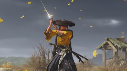 Ghost of Yotei screenshot of Atsu with her arms raised as she wields a katana 