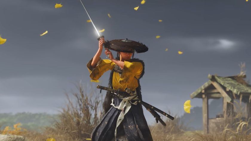 Ghost of Yotei screenshot of Atsu with her arms raised as she wields a katana 