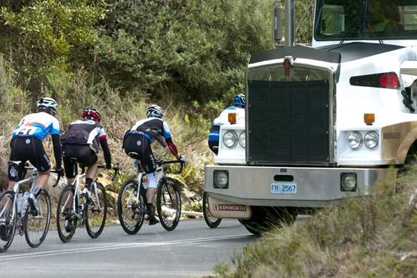 Truck stop: Local traffic waited patiently for the race on the climb near Poatina.
