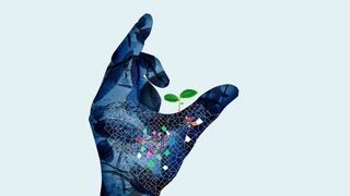 A silhouette of a hand filled with an abstract water pattern, with an abstract white line pattern beneath the thumb and forefinger with some cells filled in bright colours and a small shoot of a tree sprouting from the base of the inside of the thumb signifying environmental consciousness