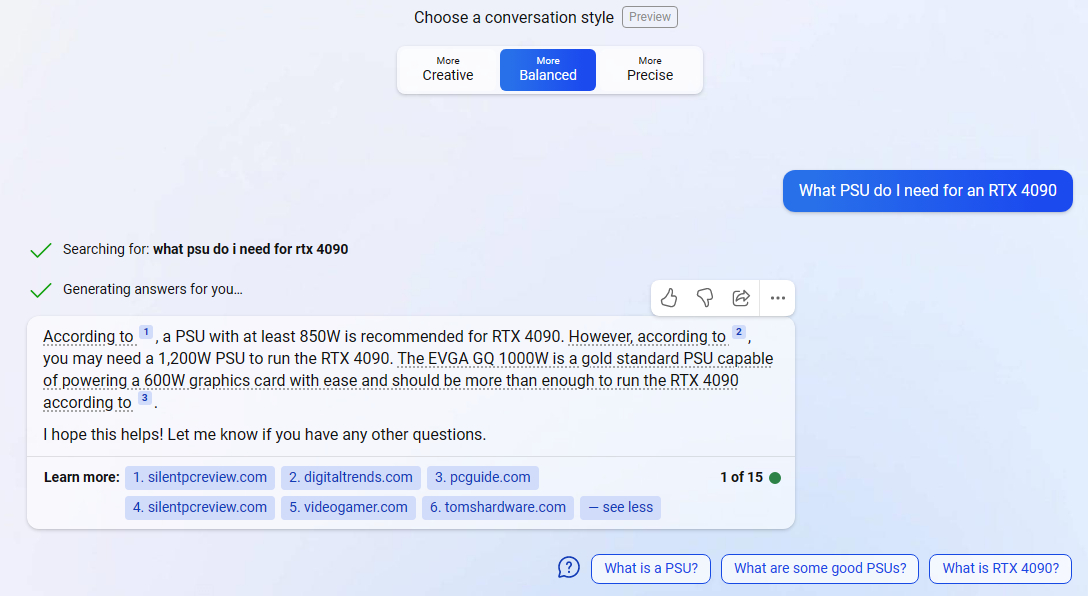 Bing chatbot answering PC building questions.