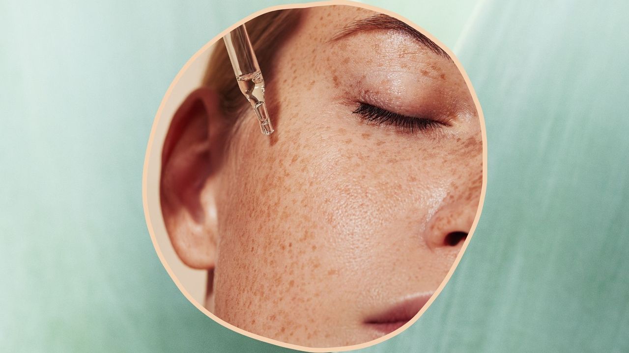 a green frame containing a circular image of a woman&#039;s face, close up applying a pipette of serum to her cheek