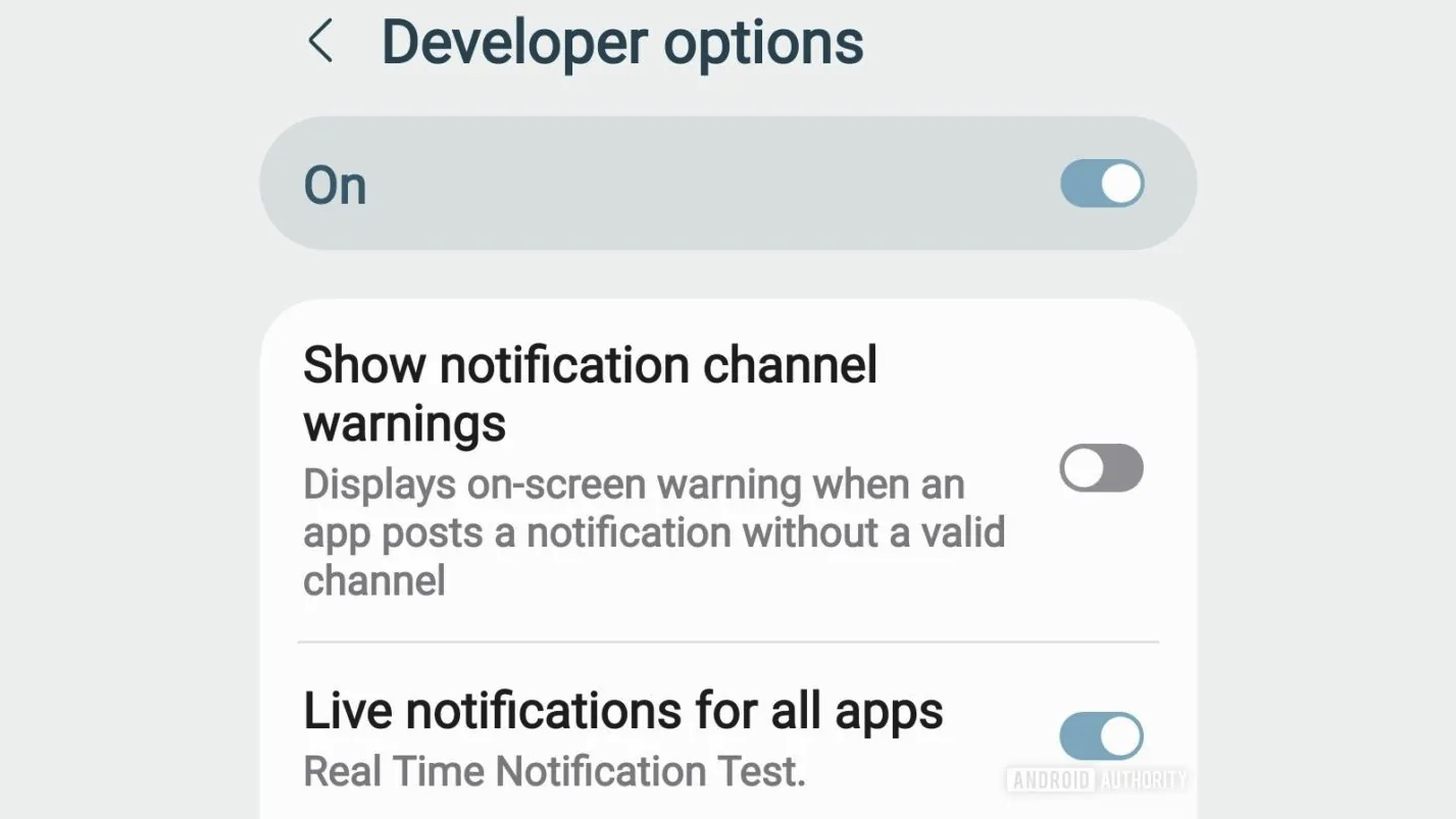 A screenshot of the live notifications toggle in a One UI 8 beta
