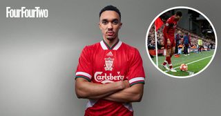 Trent Alexander-Arnold poses in a retro Liverpool Adidas shirt from 1994 for the cover of FourFourTwo magazine